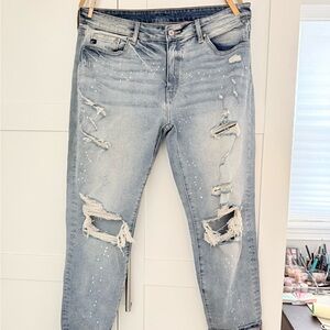 Distressed Light Blue Jeans paint boyfriend fit